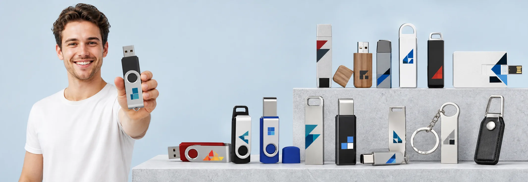 Smiling person presenting a USB flash drive beside a display of assorted USB flash drives