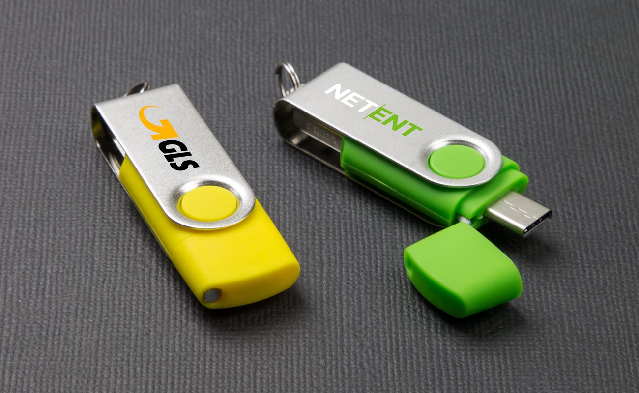 Yellow and green Twister Go USB-C flash drives with logos